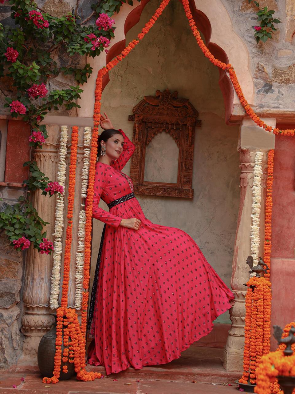 A model showcasing Divija Anarkali Set by Miku Kumar from Miku Kumar's collection