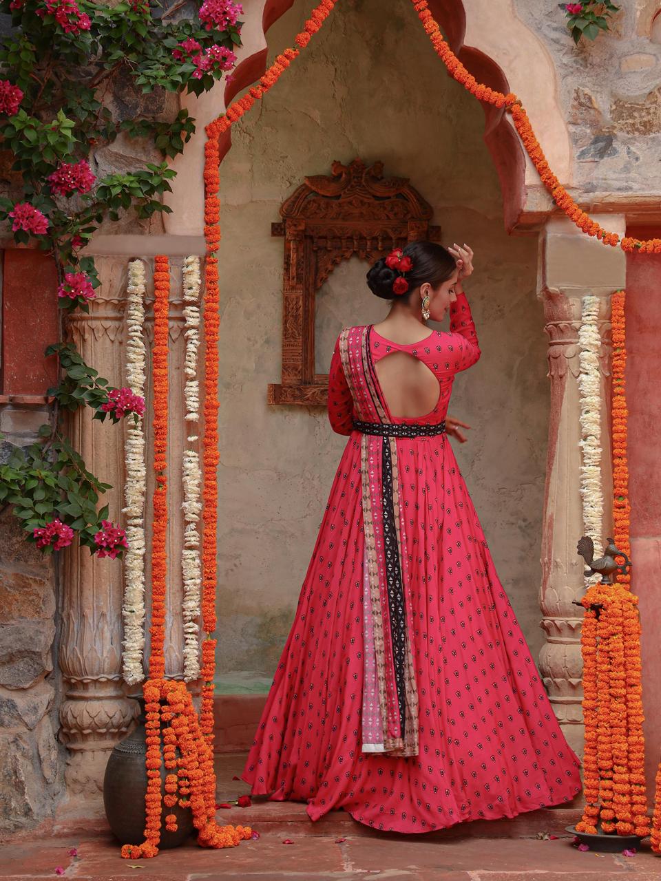 A model showcasing Divija Anarkali Set by Miku Kumar from Miku Kumar's collection