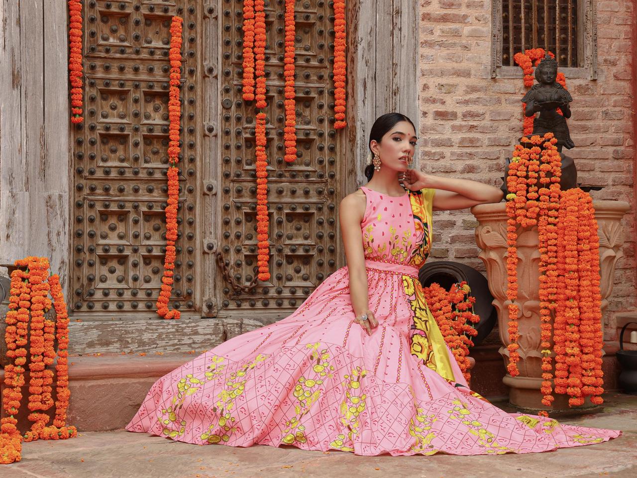 A model showcasing Kaira Anarkali Set by Miku Kumar from Miku Kumar's collection