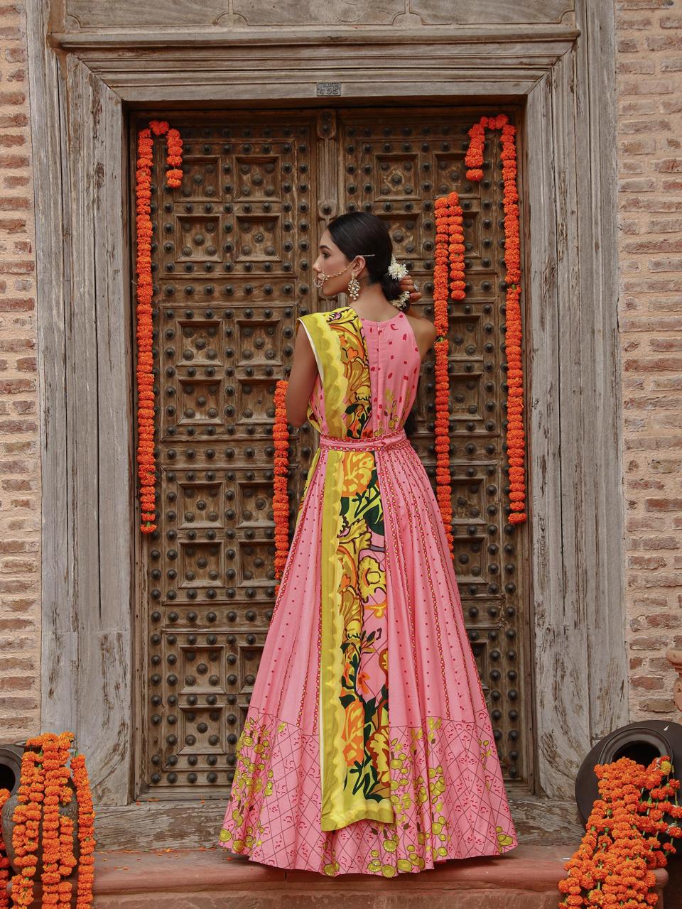 A model showcasing Kaira Anarkali Set by Miku Kumar from Miku Kumar's collection