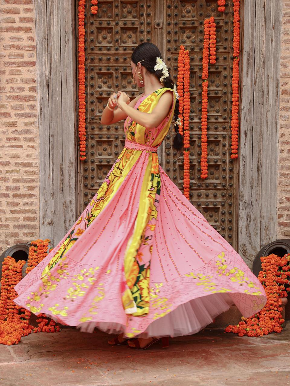 A model showcasing Kaira Anarkali Set by Miku Kumar from Miku Kumar's collection