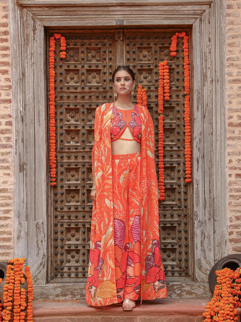 A model showcasing Keya Palazzo Cape Set Feature image by Miku Kumar from Miku Kumar's collection