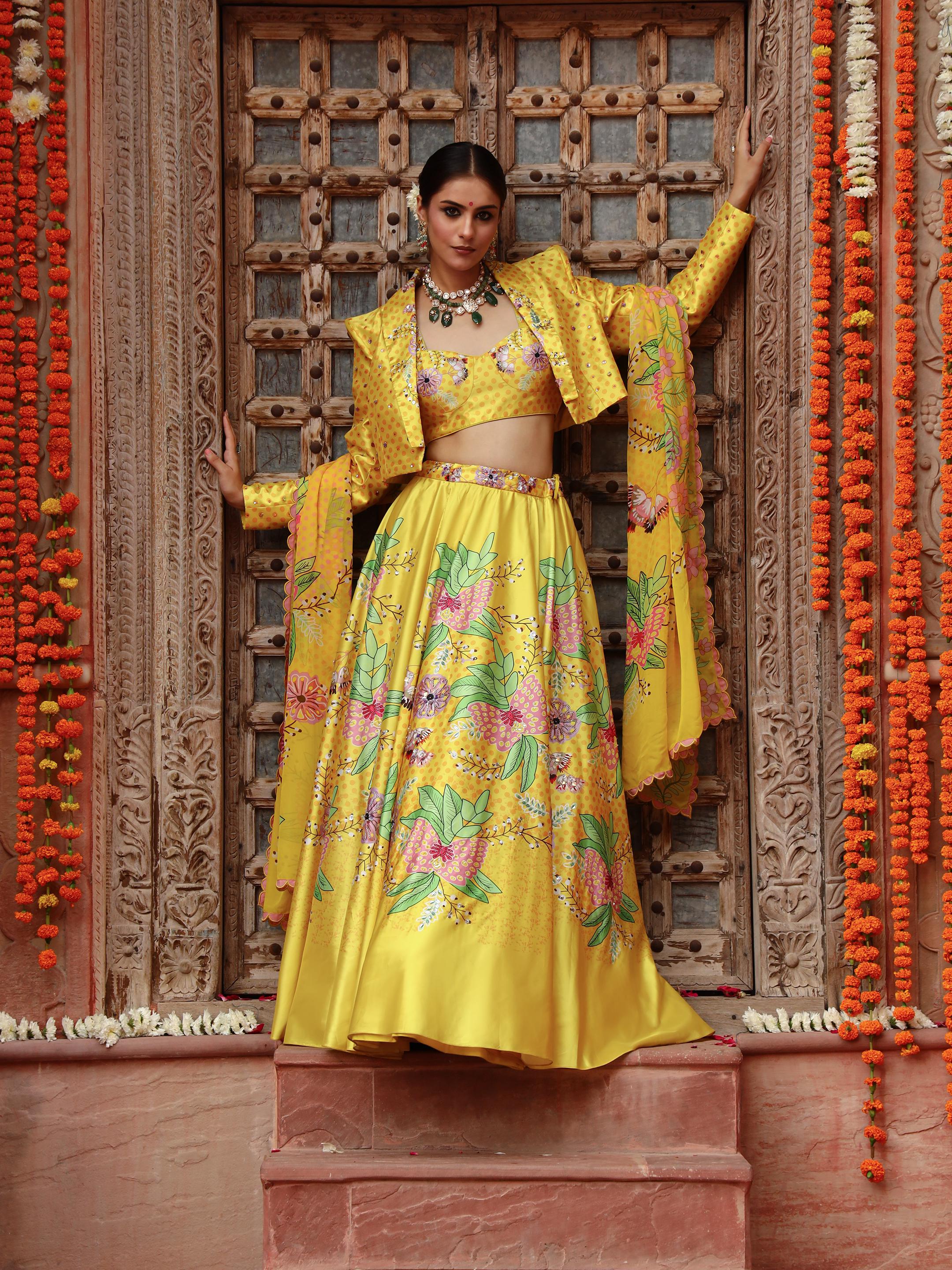 A model showcasing Roma Jacket Lehenga Set Feature image by Miku Kumar from Miku Kumar's collection
