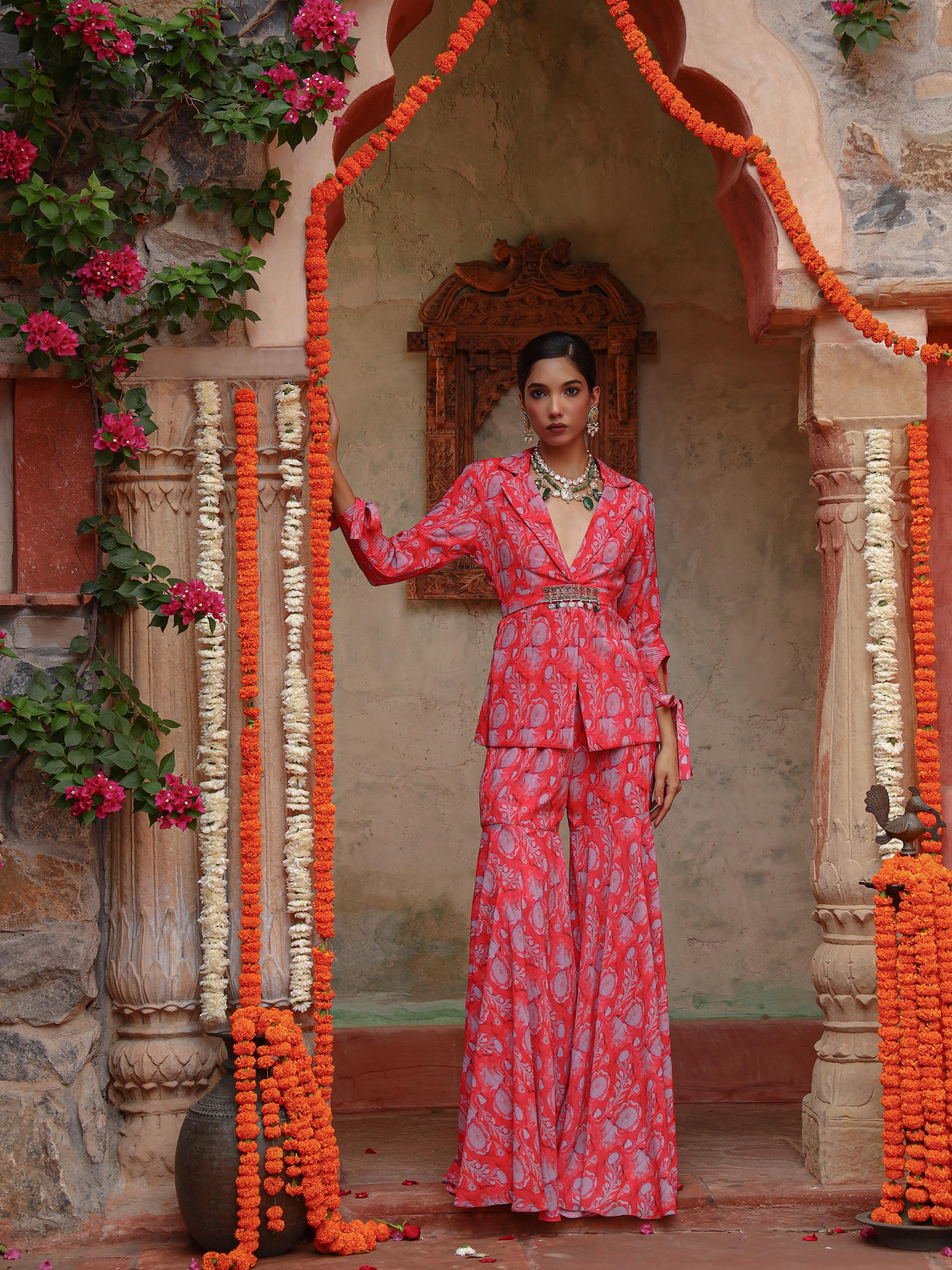 A model showcasing Carnation Sharara Set Feature image by Miku Kumar from Miku Kumar's collection