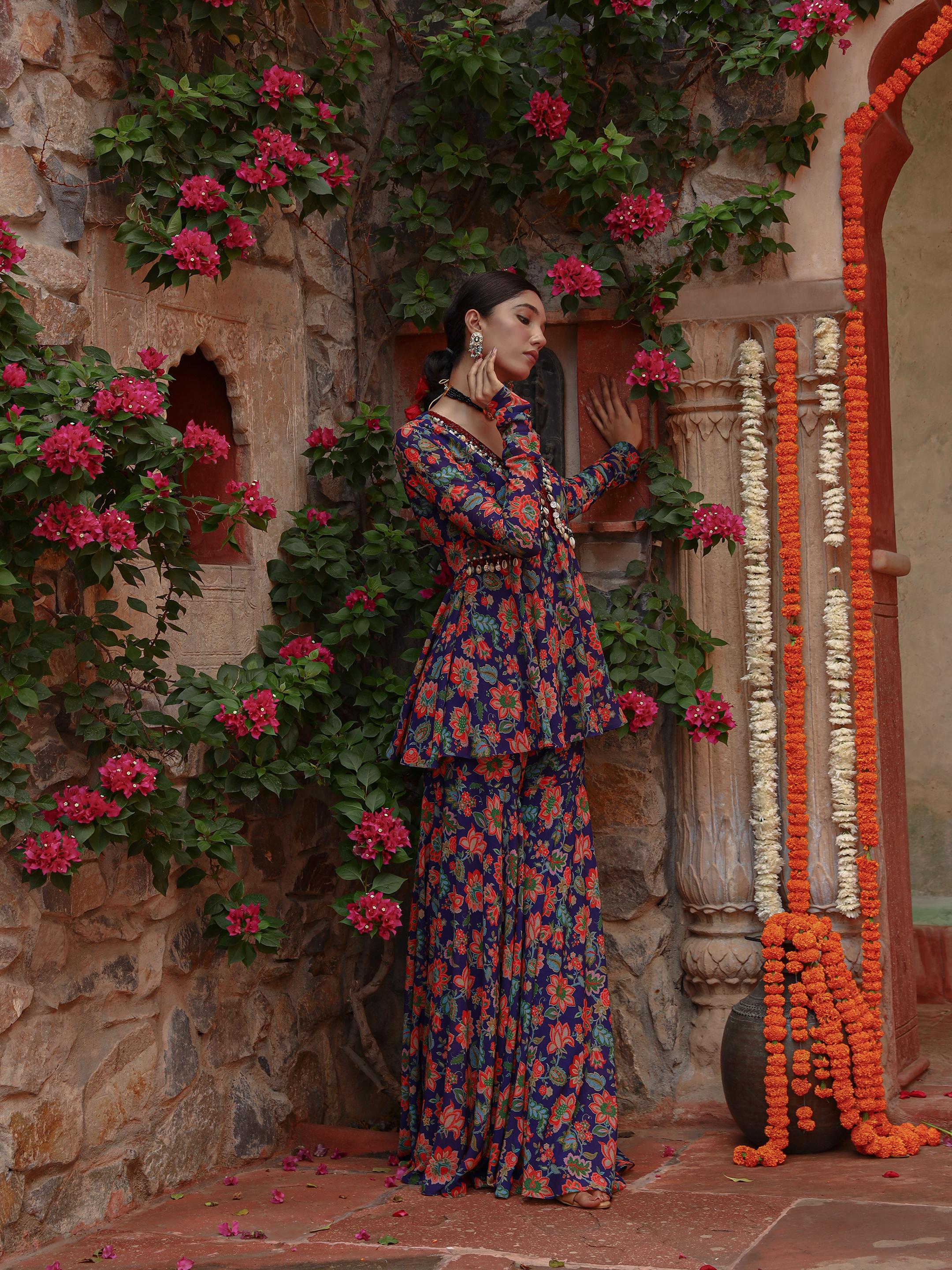 A model showcasing Hyacinth Peplum Coord Set by Miku Kumar from Miku Kumar's collection