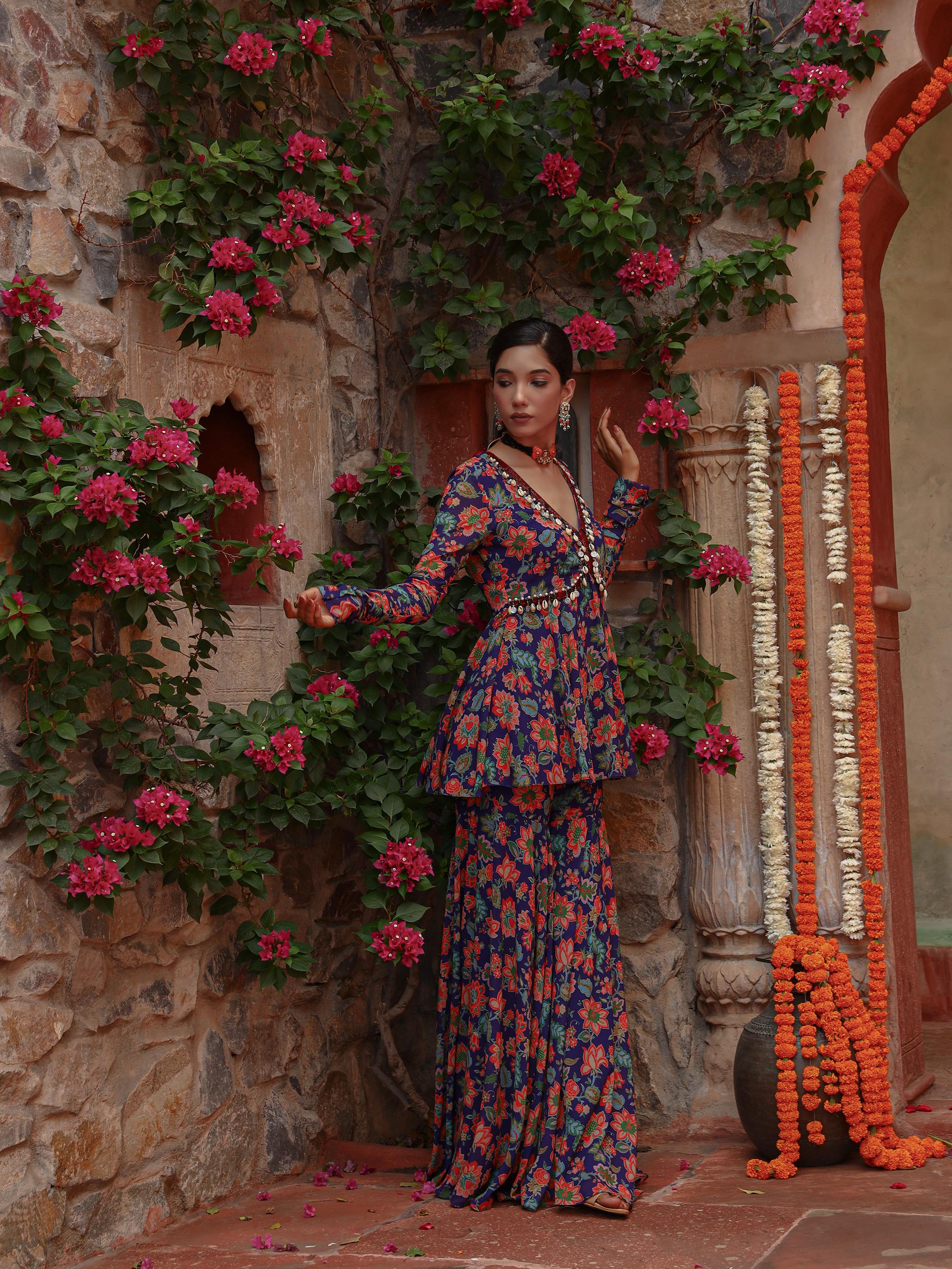 A model showcasing Hyacinth Peplum Coord Set by Miku Kumar from Miku Kumar's collection