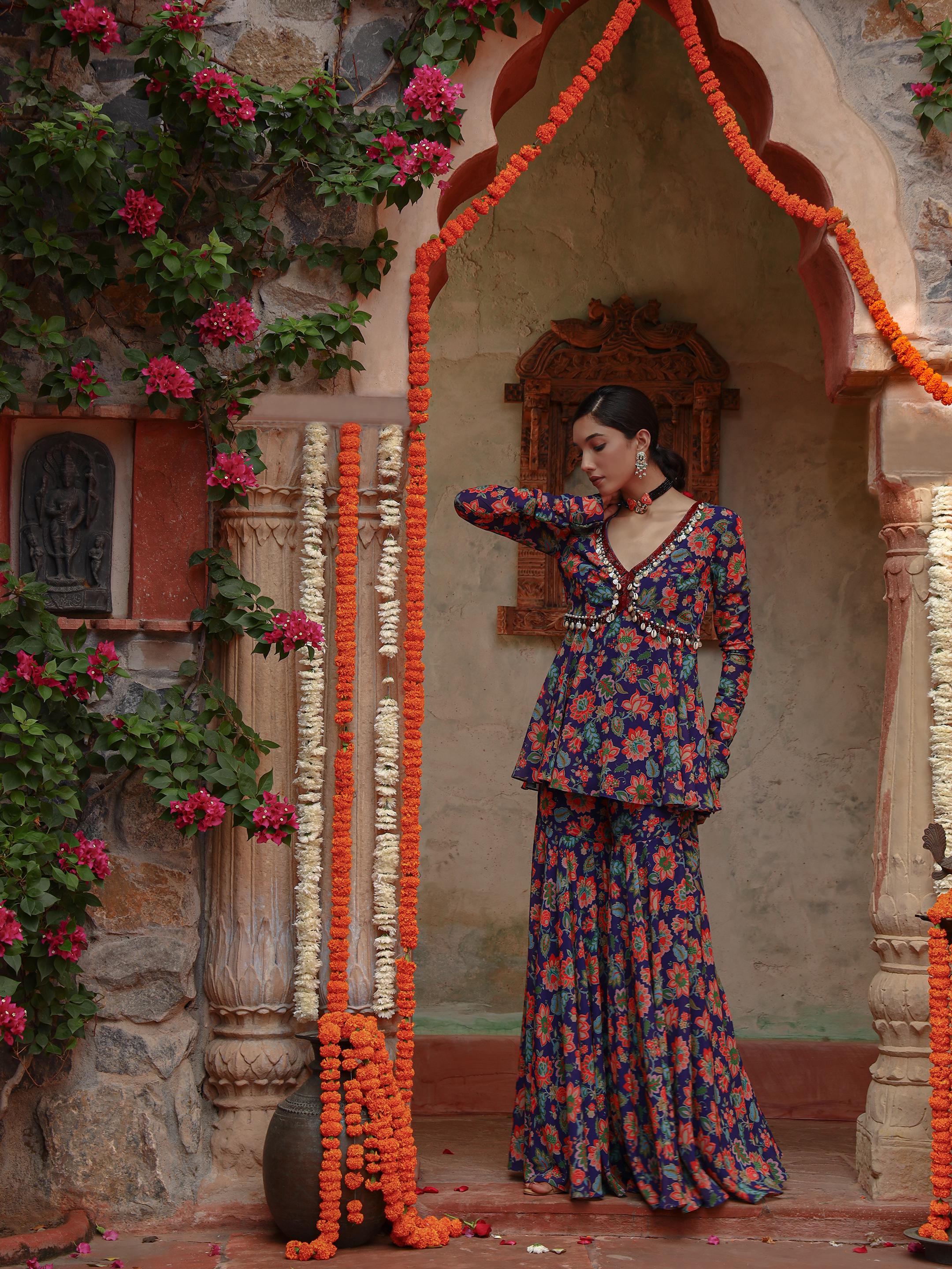 A model showcasing Hyacinth Peplum Coord Set by Miku Kumar from Miku Kumar's collection