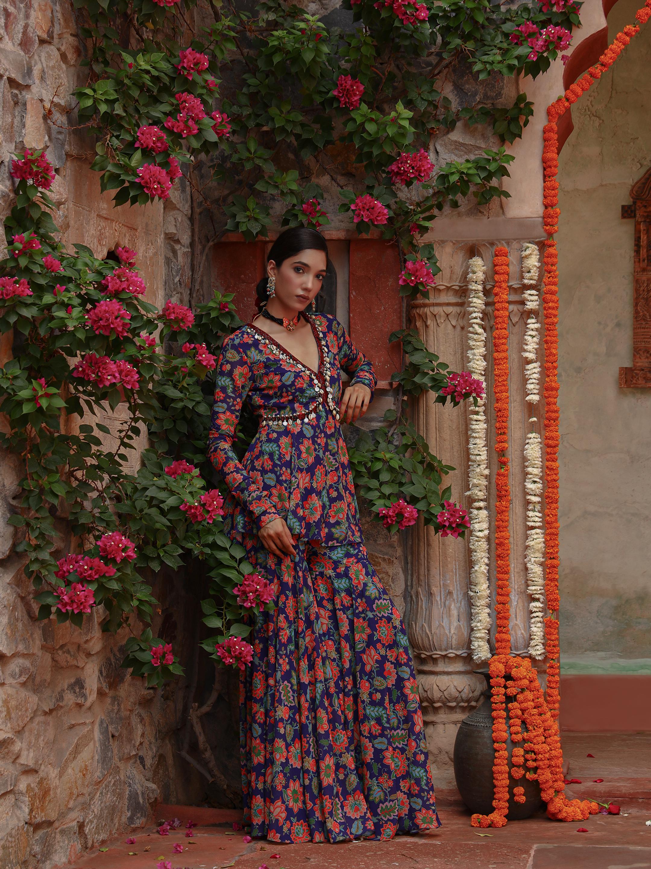 A model showcasing Hyacinth Peplum Coord Set by Miku Kumar from Miku Kumar's collection