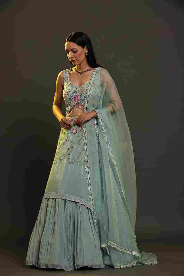 A model showcasing Aqua Drape Set by Adivaa from Adivaa's collection