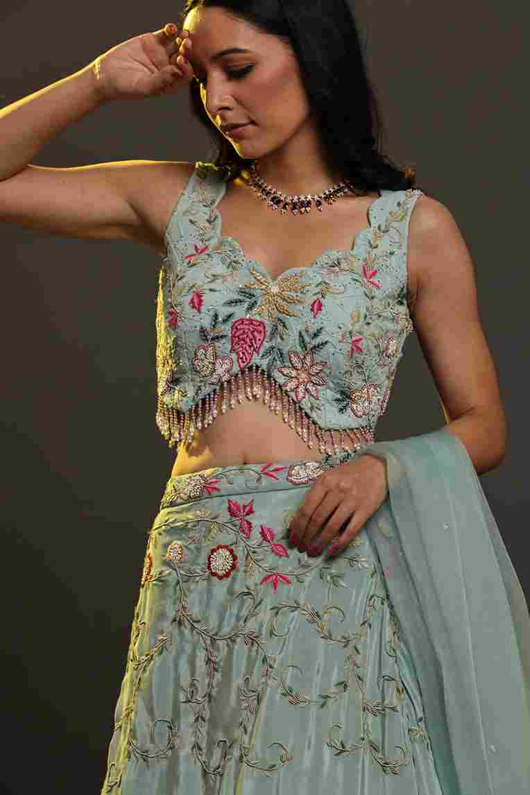 A model showcasing Aqua Drape Set by Adivaa from Adivaa's collection