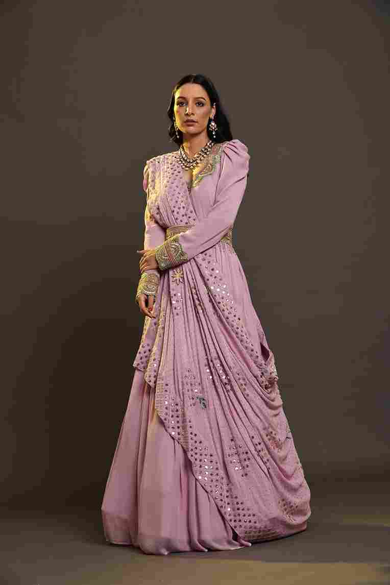 A model showcasing Lilac Flared Anarkali Dress by Adivaa from Adivaa's collection