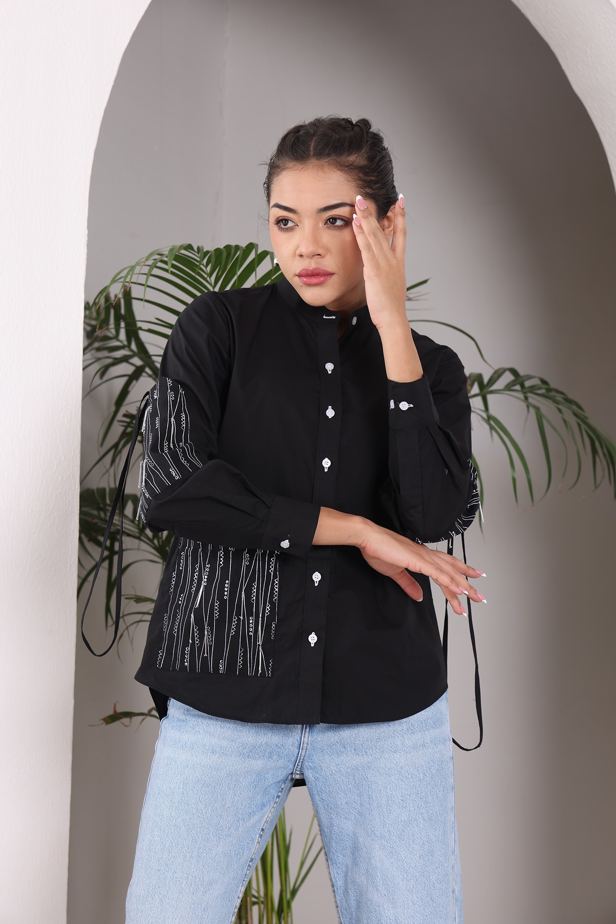 A model showcasing Black Block Print Shirt by Adivaa from Adivaa's collection