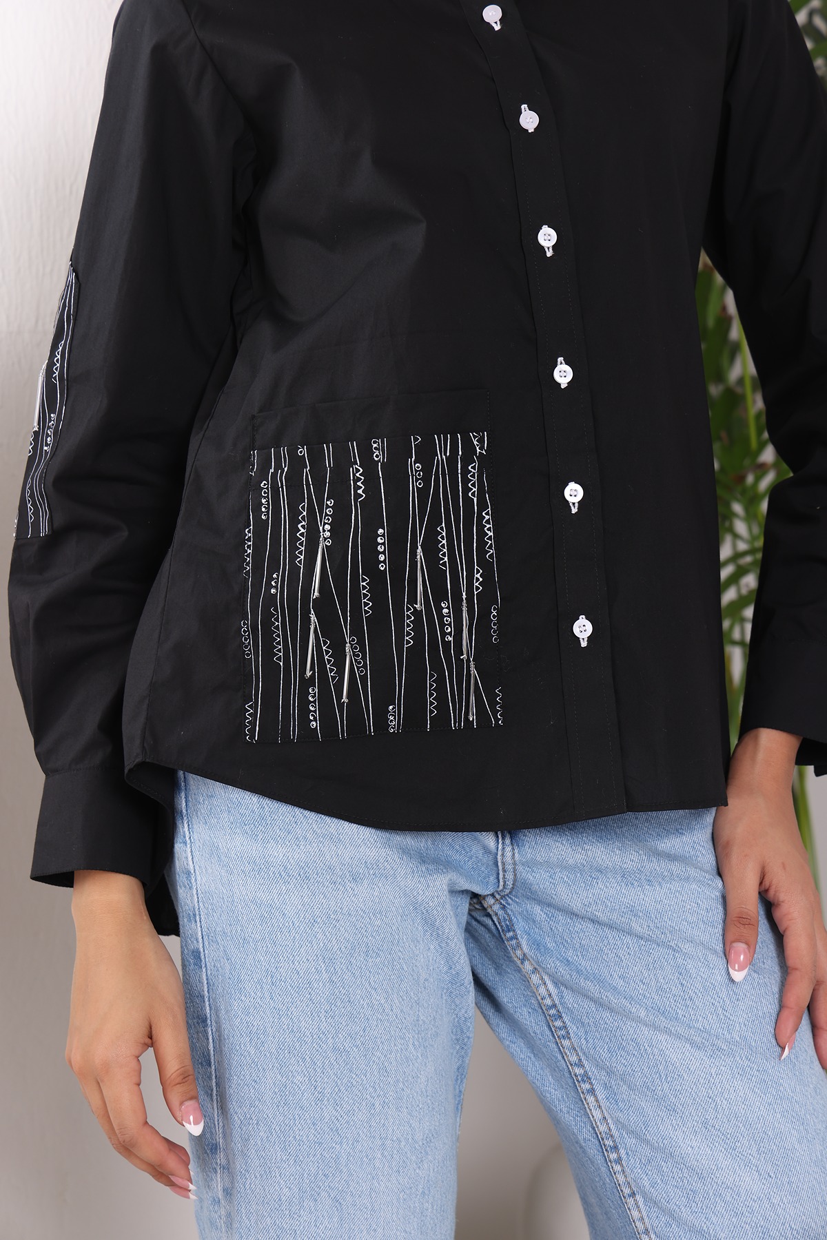 A model showcasing Black Block Print Shirt by Adivaa from Adivaa's collection
