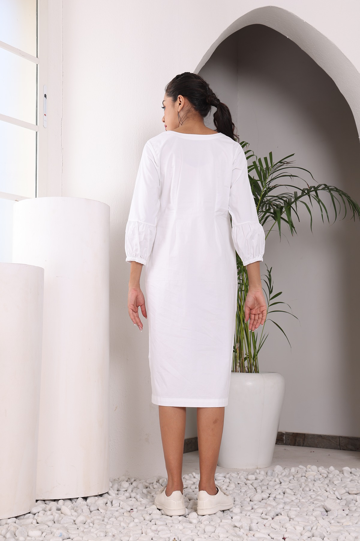A model showcasing Asymmetrical Bold Block Prints Dress by Adivaa from Adivaa's collection