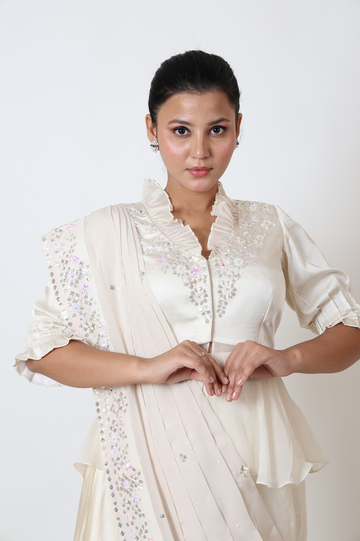 A model showcasing Ivory Dhoti Saree by Adivaa from Adivaa's collection