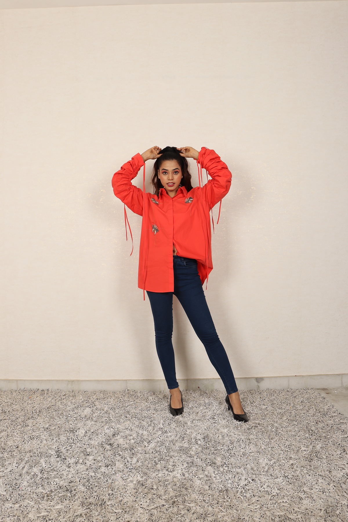 A model showcasing Red Semi Fitted Shirt by Adivaa from Adivaa's collection