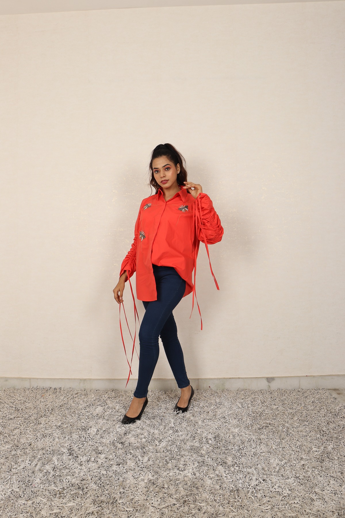 A model showcasing Red Semi Fitted Shirt by Adivaa from Adivaa's collection