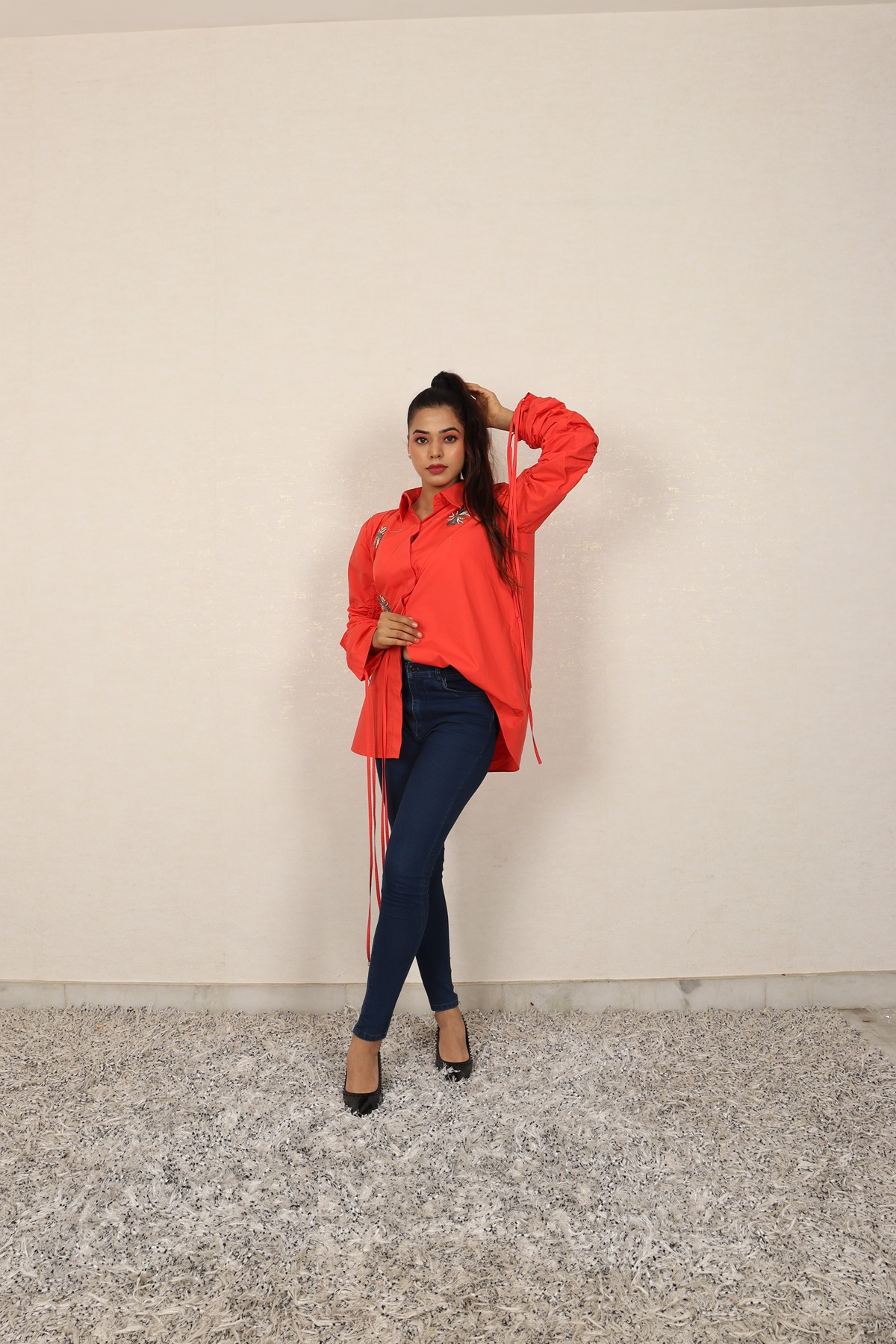 A model showcasing Red Semi Fitted Shirt by Adivaa from Adivaa's collection