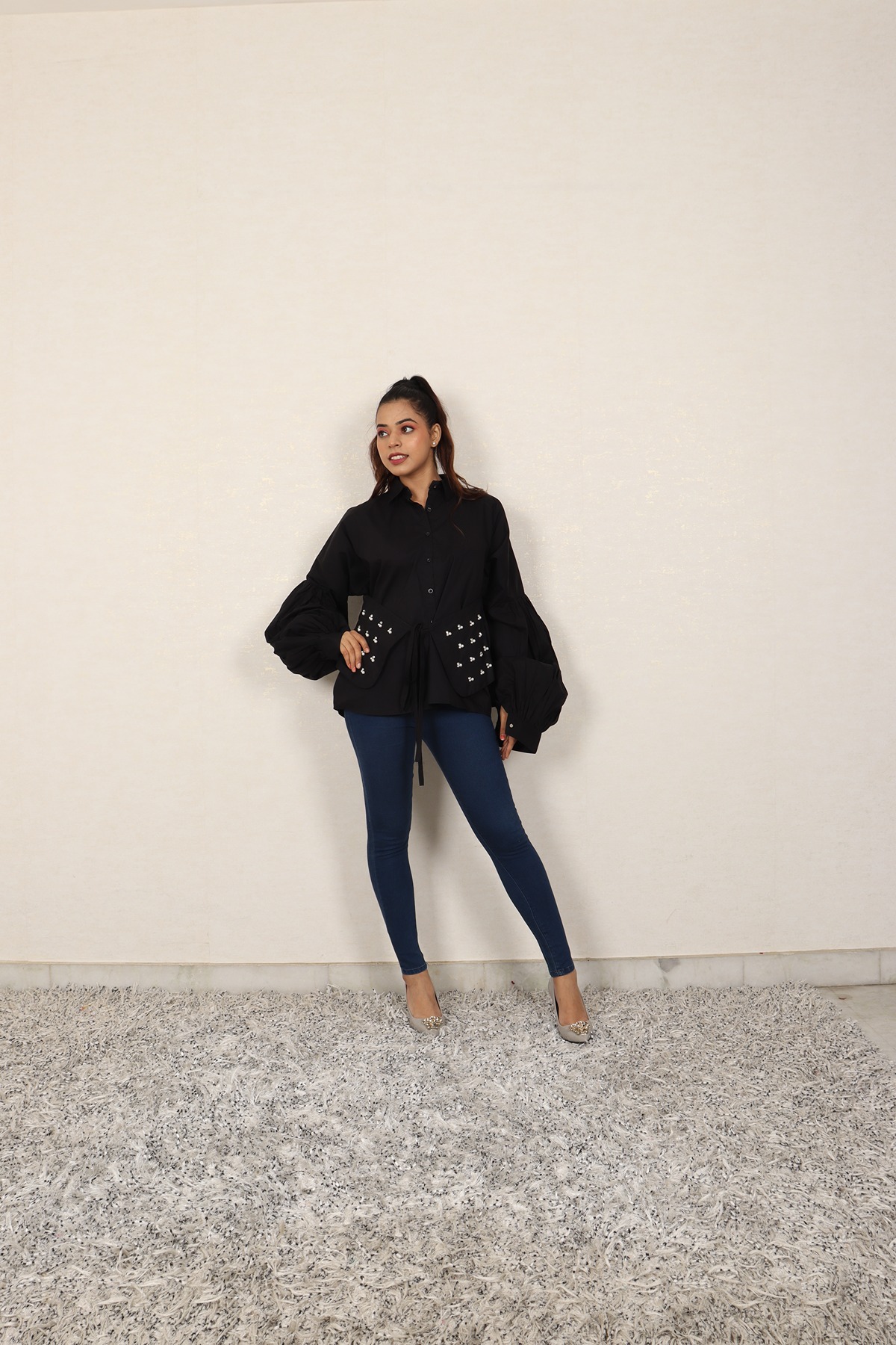 A model showcasing Black Semi Fitted Shirt by Adivaa from Adivaa's collection