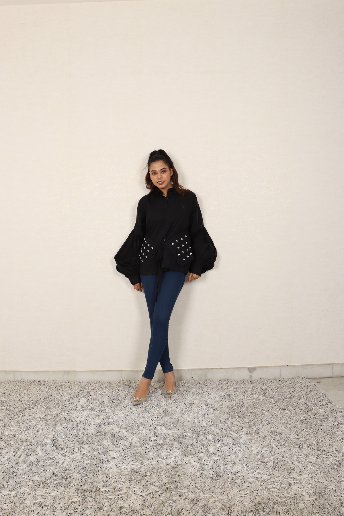 A model showcasing Black Semi Fitted Shirt by Adivaa from Adivaa's collection