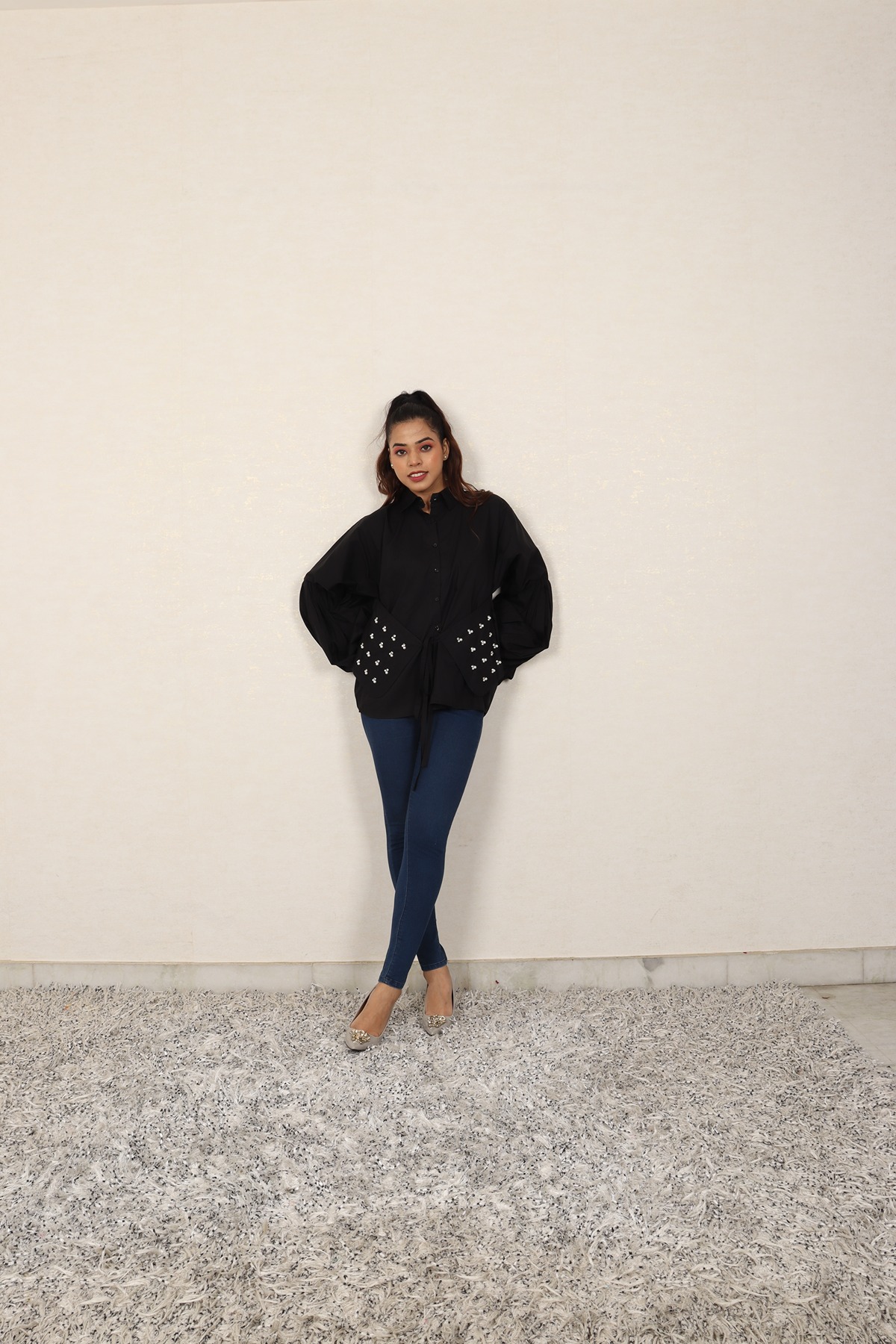 A model showcasing Black Semi Fitted Shirt by Adivaa from Adivaa's collection