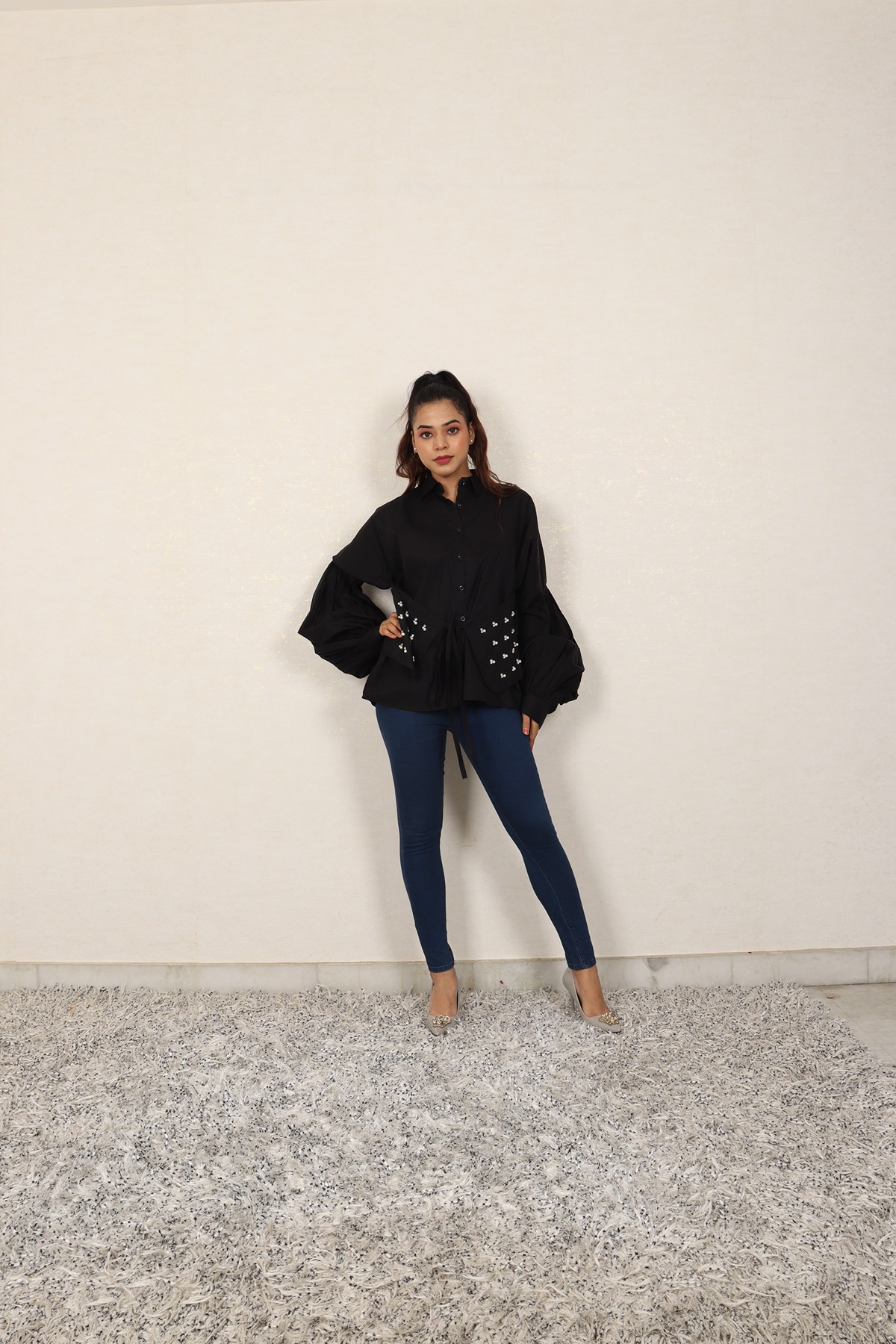A model showcasing Black Semi Fitted Shirt by Adivaa from Adivaa's collection