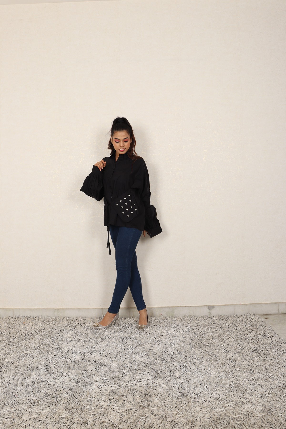 A model showcasing Black Semi Fitted Shirt by Adivaa from Adivaa's collection