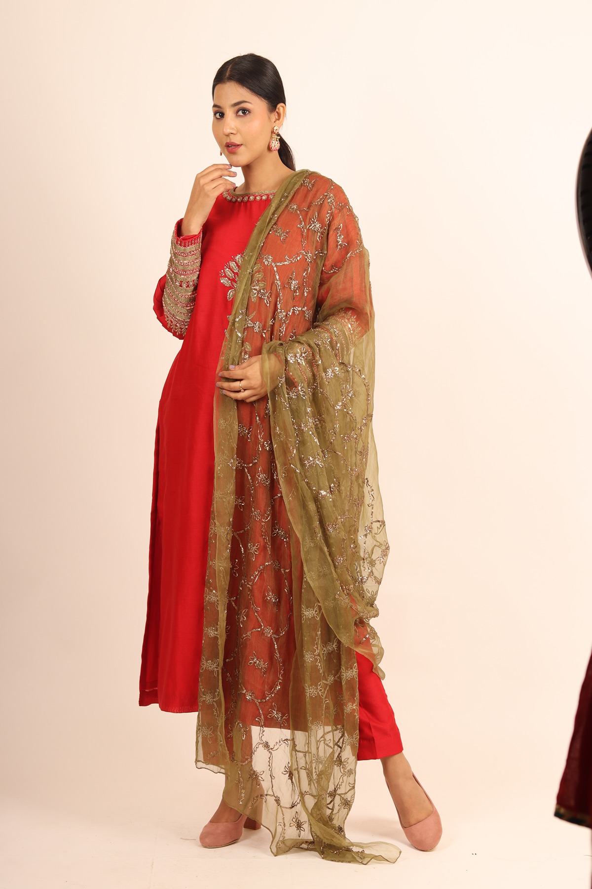 A model showcasing Red Chanderi Suit by Adivaa from Adivaa's collection