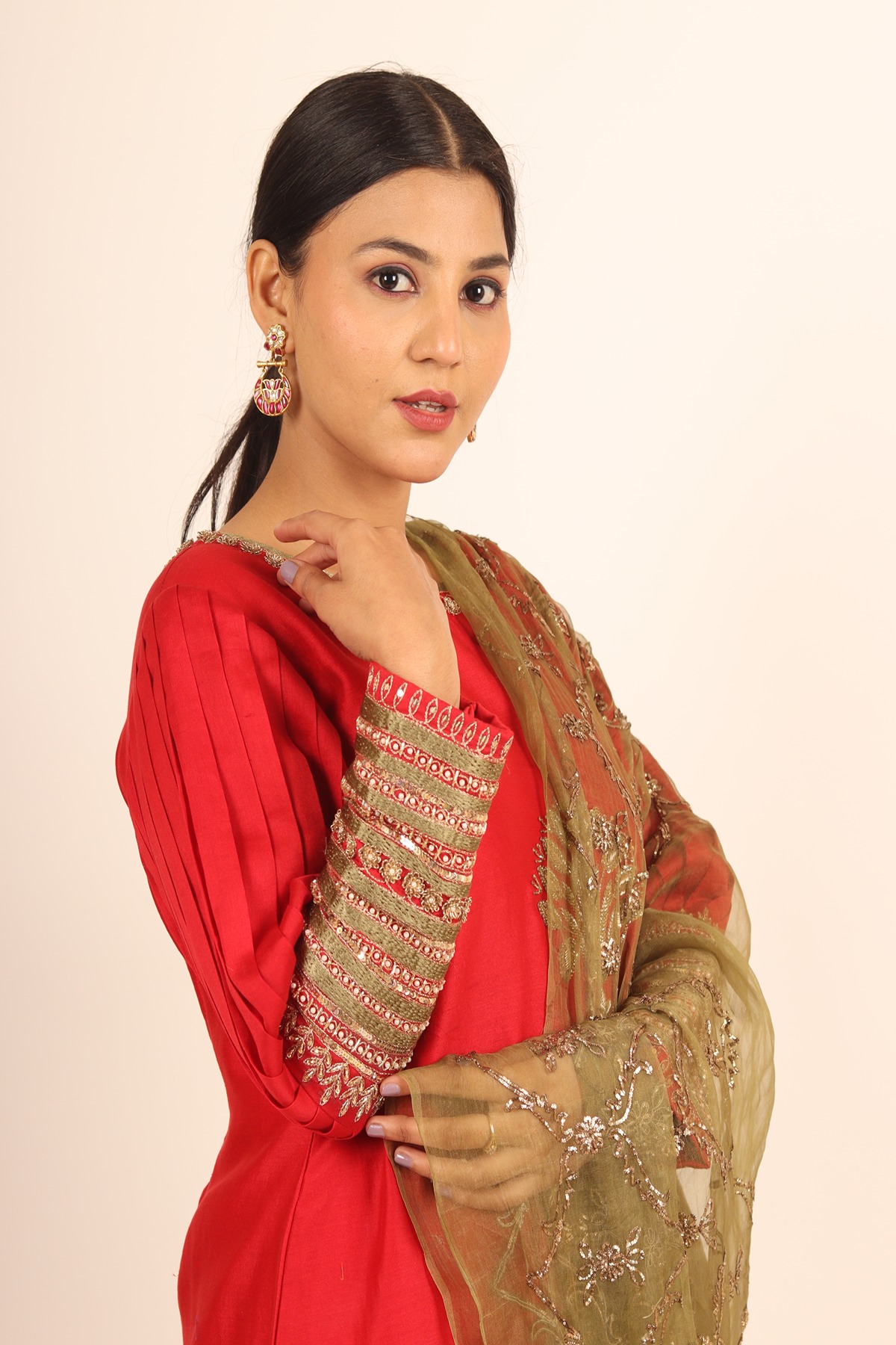 A model showcasing Red Chanderi Suit by Adivaa from Adivaa's collection