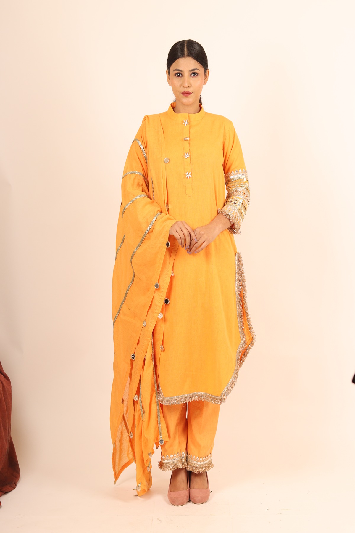 A model showcasing Yellow Long Kurta With Cigarette Pants Feature image by Adivaa from Adivaa's collection