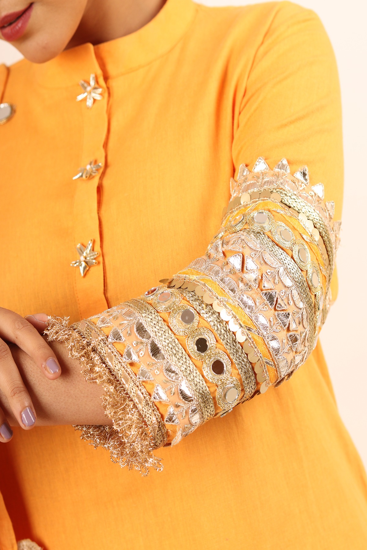 A model showcasing Yellow Long Kurta With Cigarette Pants by Adivaa from Adivaa's collection