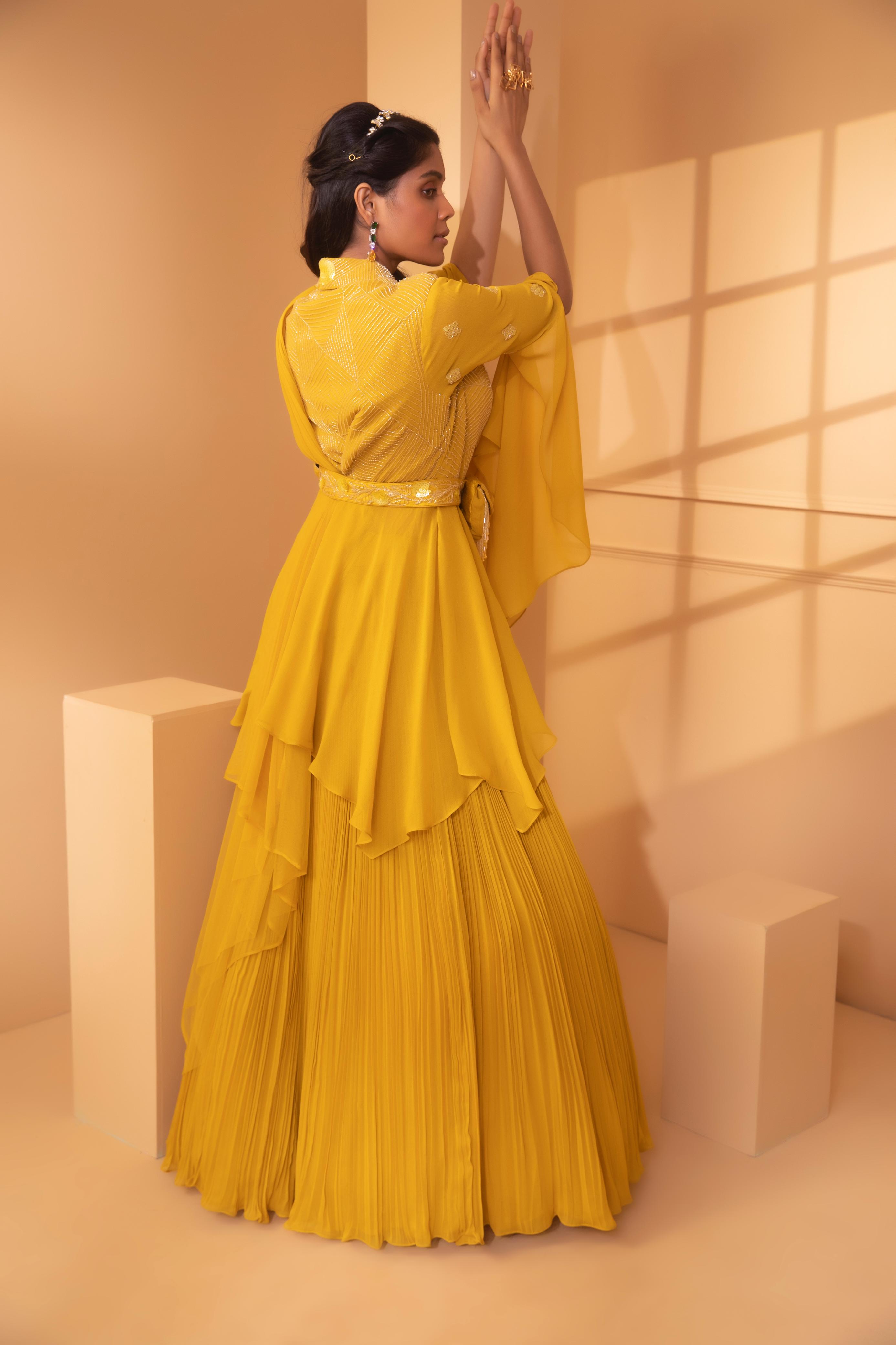 A model showcasing Gaer Peplum Lehenga Set by Miku Kumar from Miku Kumar's collection