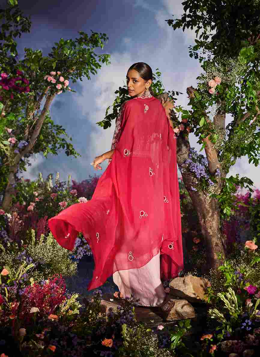 A model showcasing Devina Cape Set by Miku Kumar from Miku Kumar's collection