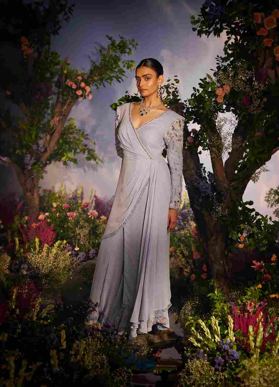 A model showcasing Padma Drape Palazzo Set by Miku Kumar from Miku Kumar's collection