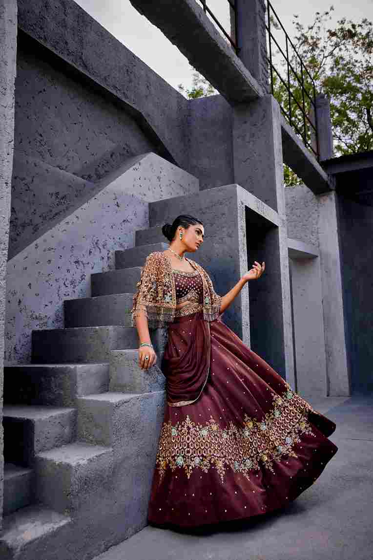 A model showcasing Brown Drape Skirt Set by Miku Kumar from Miku Kumar's collection