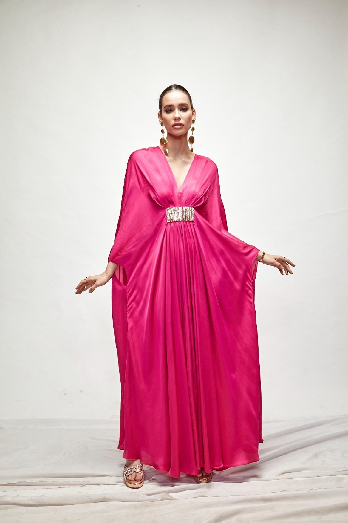 A model showcasing Fuschia Silk Kaftaan Feature image by Ranian from Ranian's collection