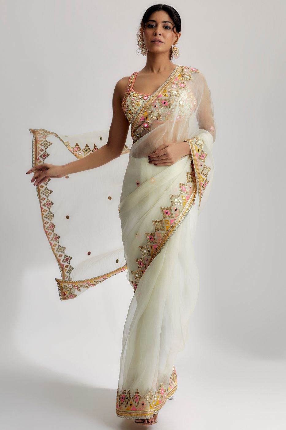 A model showcasing Maahi Saree Set In Ivory Feature image by Gopi Vaid from Gopi Vaid's collection