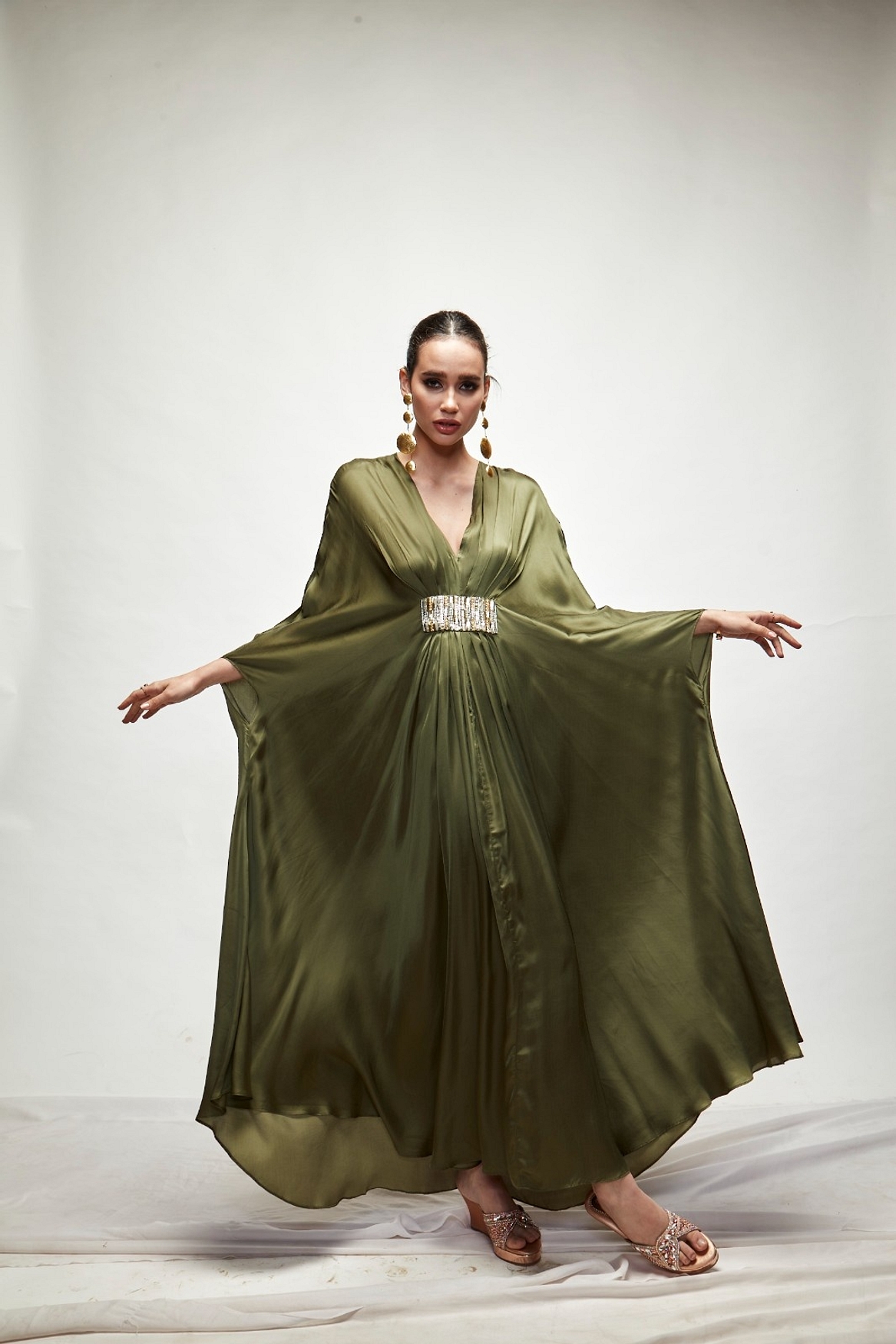A model showcasing Olive Green Silk Kaftaan Feature image by Ranian from Ranian's collection
