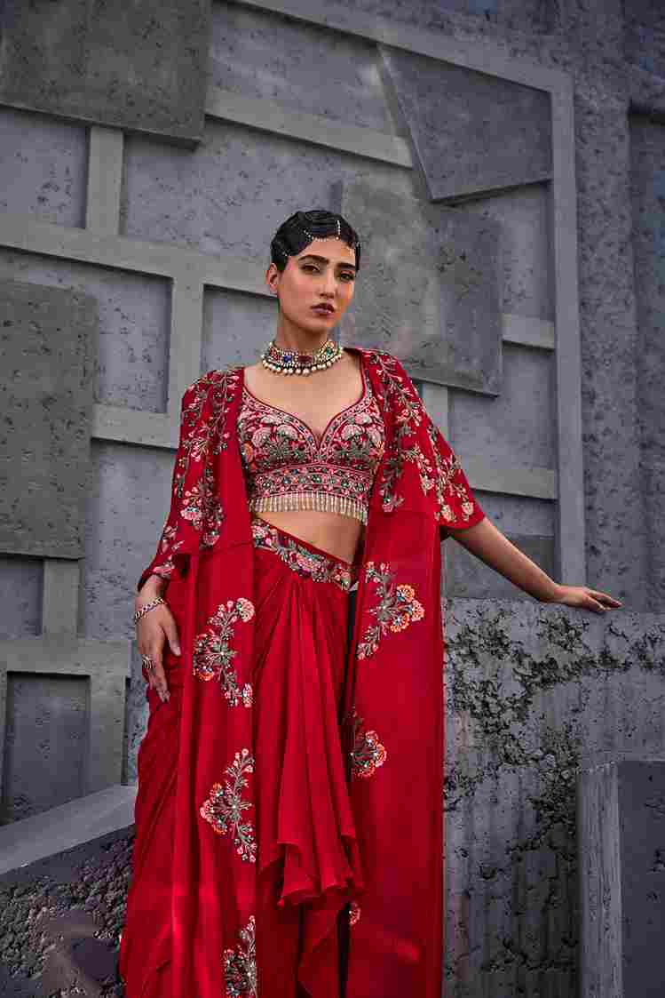 A model showcasing Red Indo Western Skirt Set by Miku Kumar from Miku Kumar's collection