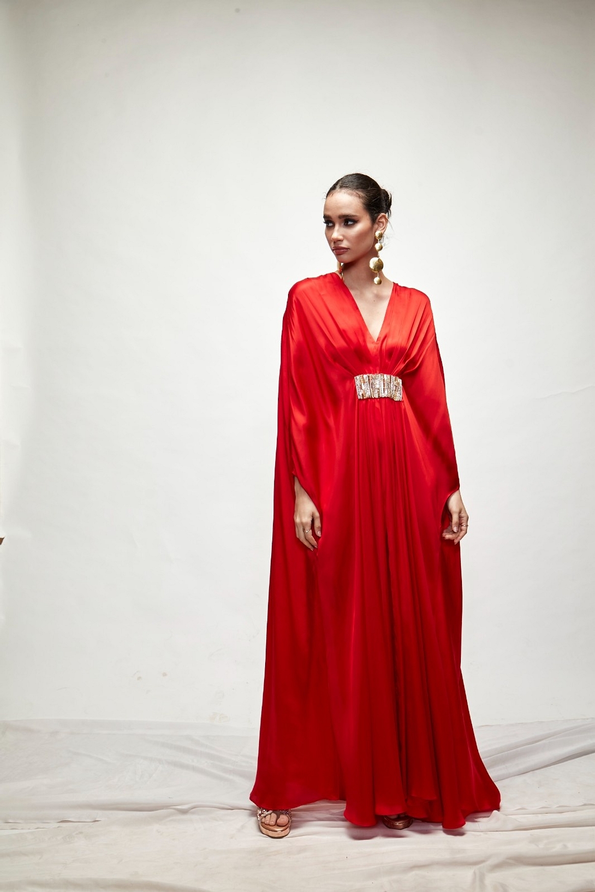 A model showcasing Red Silk Kaftaan Feature image by Ranian from Ranian's collection