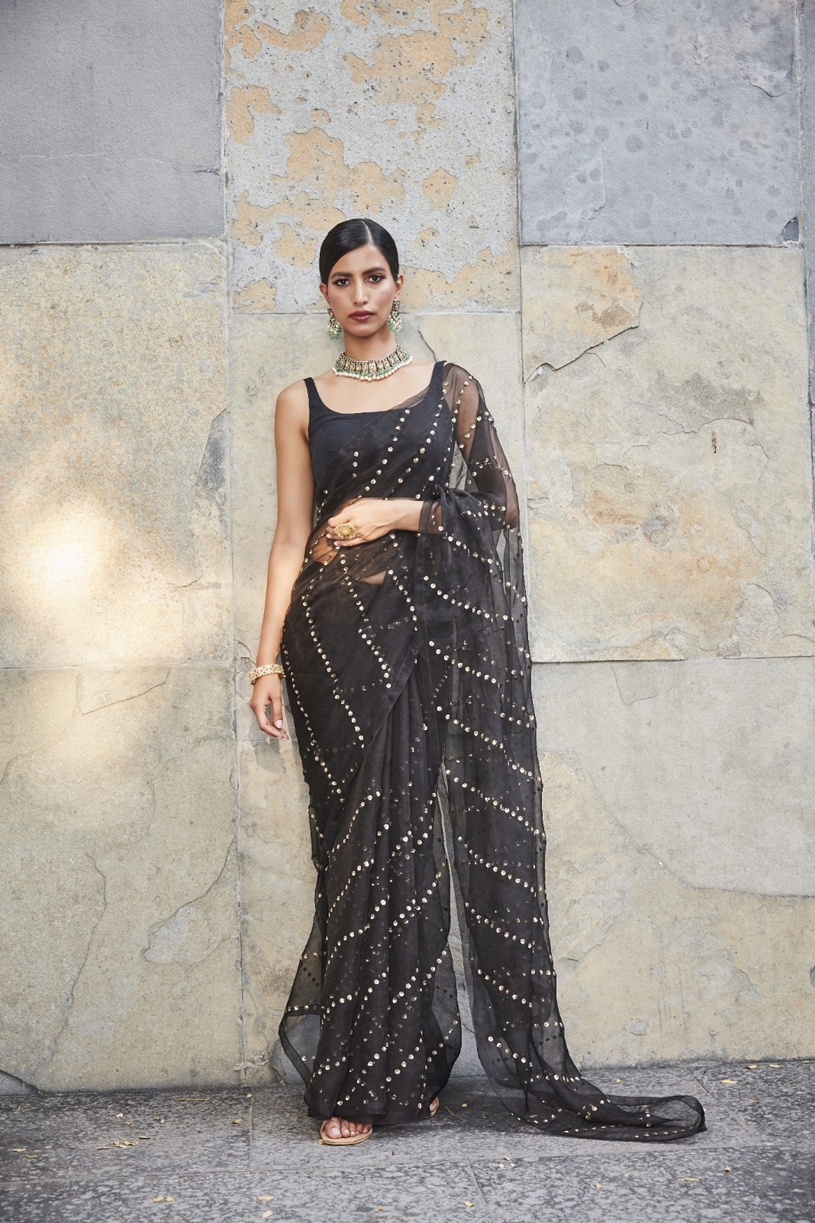 A model showcasing Black Silk Organza Saree Feature image by Ranian from Ranian's collection
