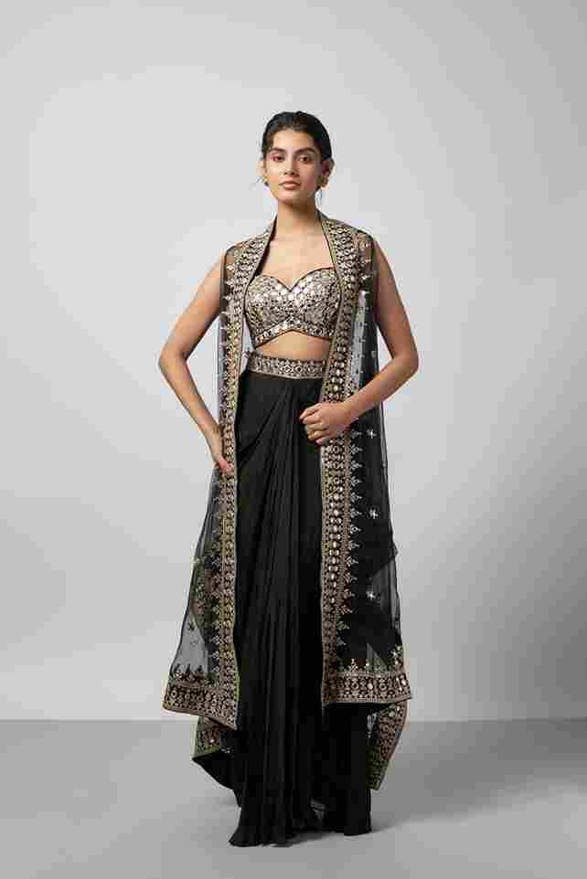 A model showcasing Namra Skirt Set by Gopi Vaid from Gopi Vaid's collection
