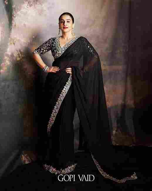 A model showcasing Meili Saree Set by Gopi Vaid from Gopi Vaid's collection