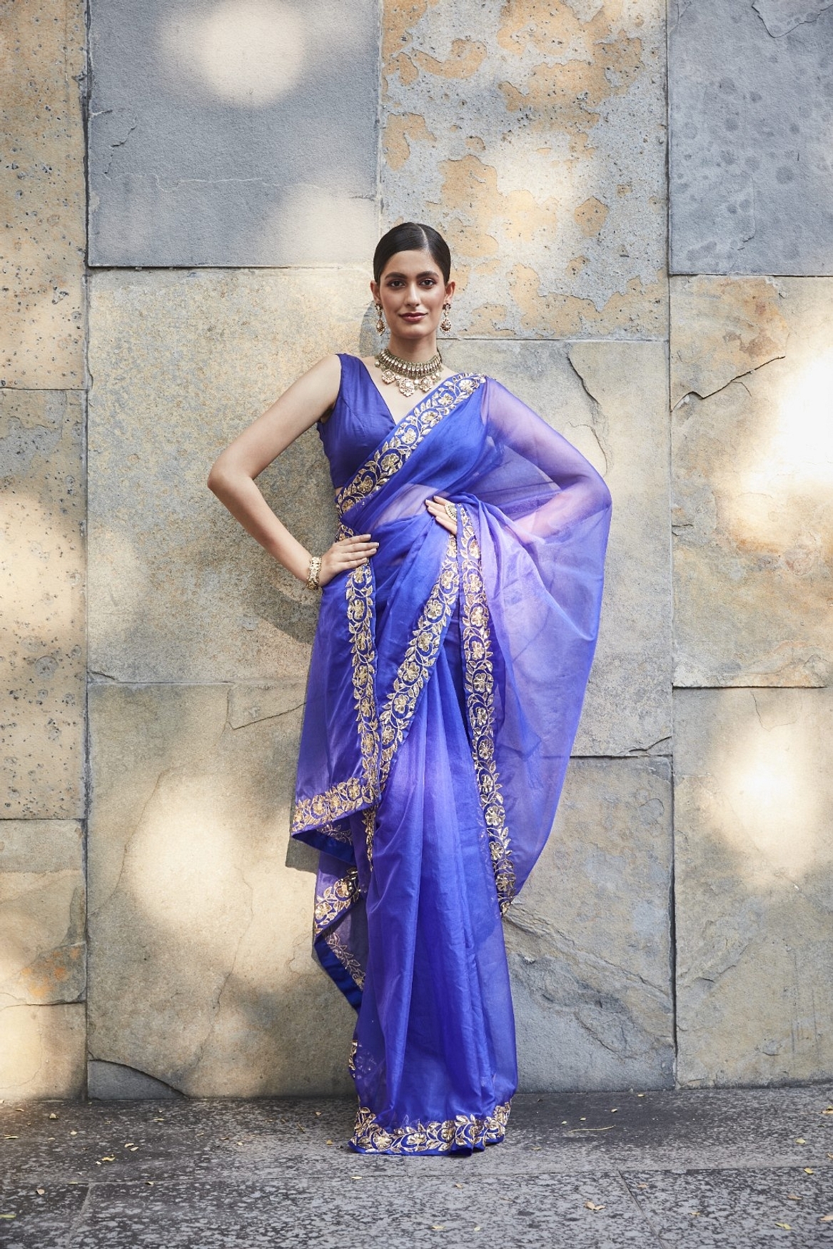 A model showcasing Purple Silk Organza Saree Feature image by Ranian from Ranian's collection