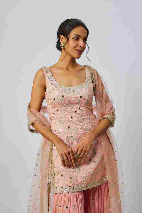 A model showcasing Soneera Sharara Set by Gopi Vaid from Gopi Vaid's collection