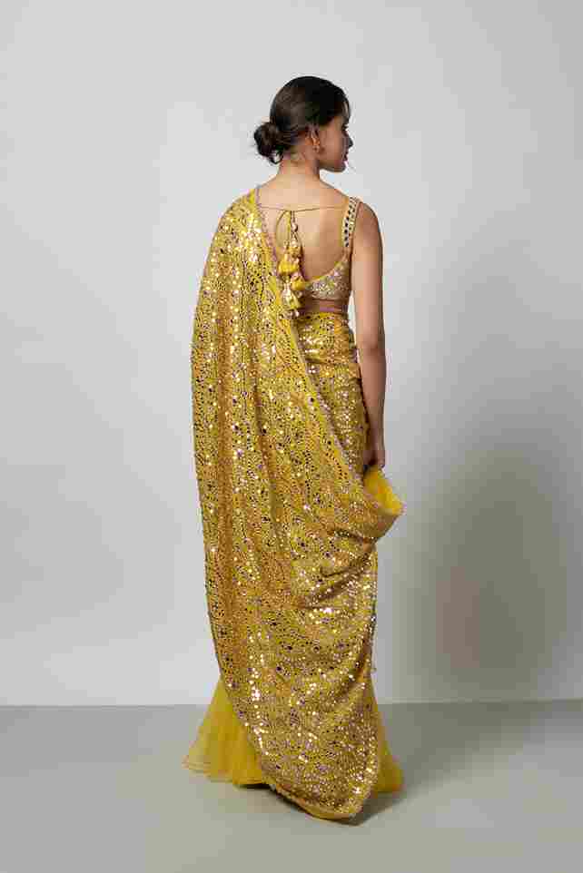 A model showcasing Nandana Saree Set by Gopi Vaid from Gopi Vaid's collection