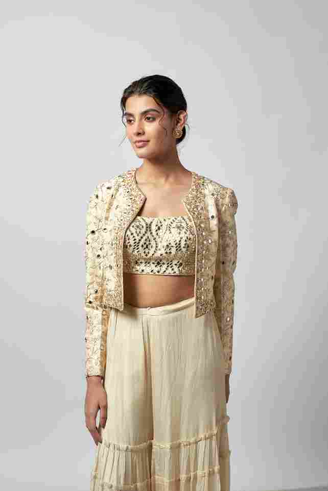 A model showcasing Aanya Pant Set by Gopi Vaid from Gopi Vaid's collection