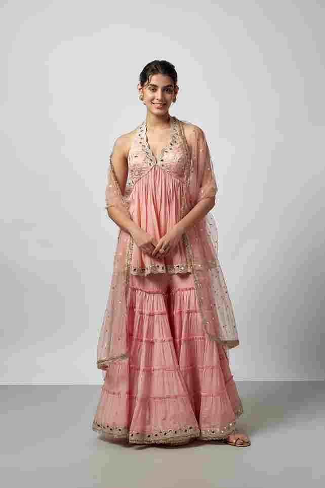 A model showcasing Charvi Sharara Set by Gopi Vaid from Gopi Vaid's collection