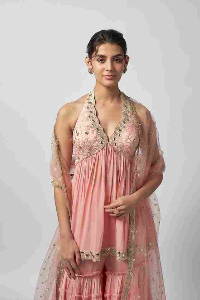 A model showcasing Charvi Sharara Set by Gopi Vaid from Gopi Vaid's collection