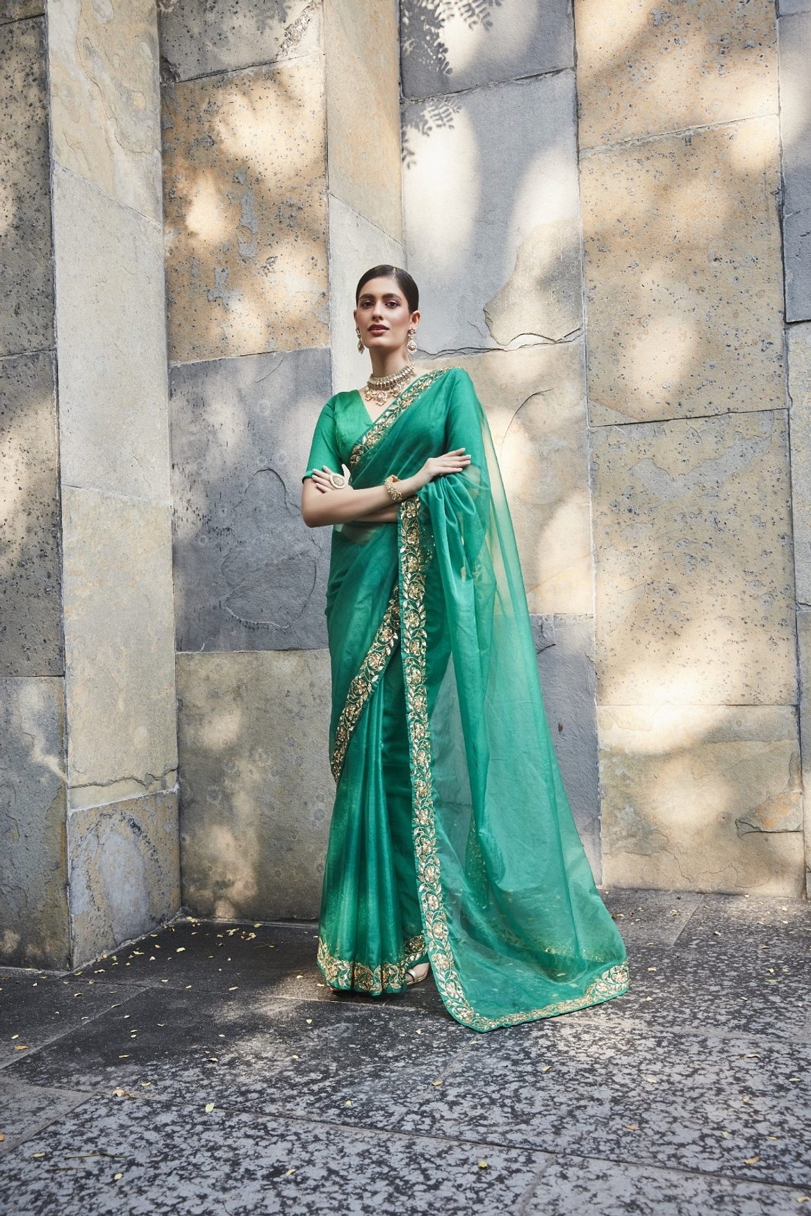A model showcasing Green Silk Organza Saree Feature image by Ranian from Ranian's collection